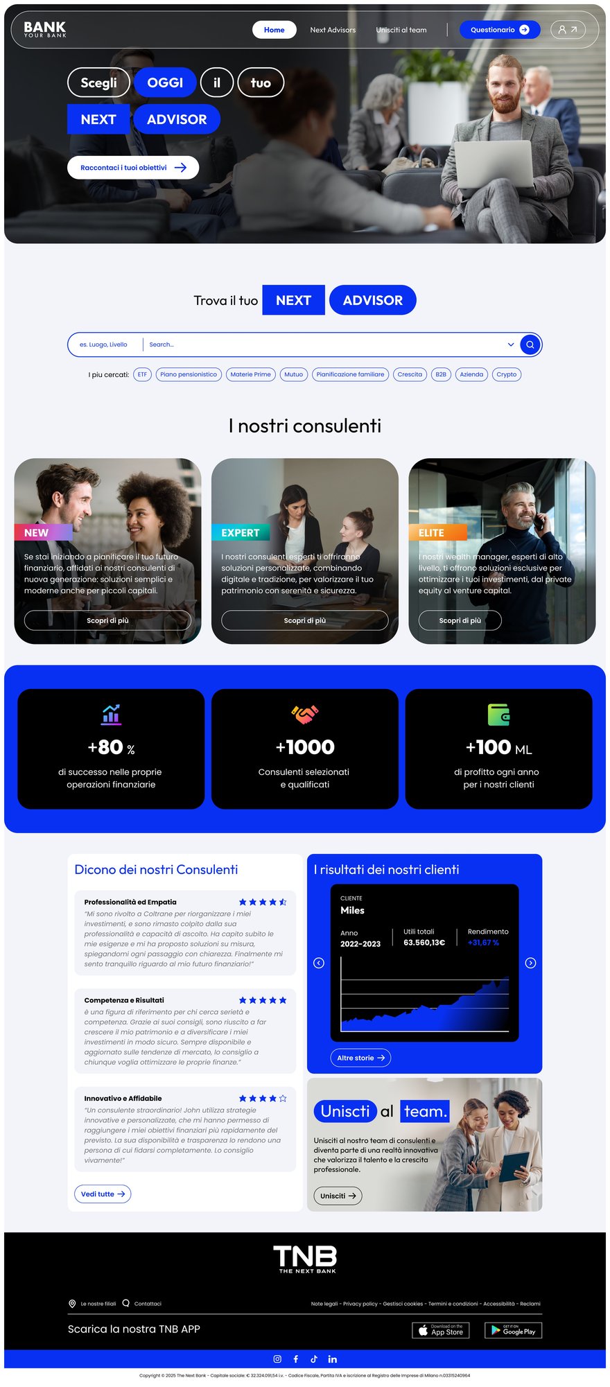 Home page: hero, search with popular filters, the three advisor levels, key figures, reviews and client results