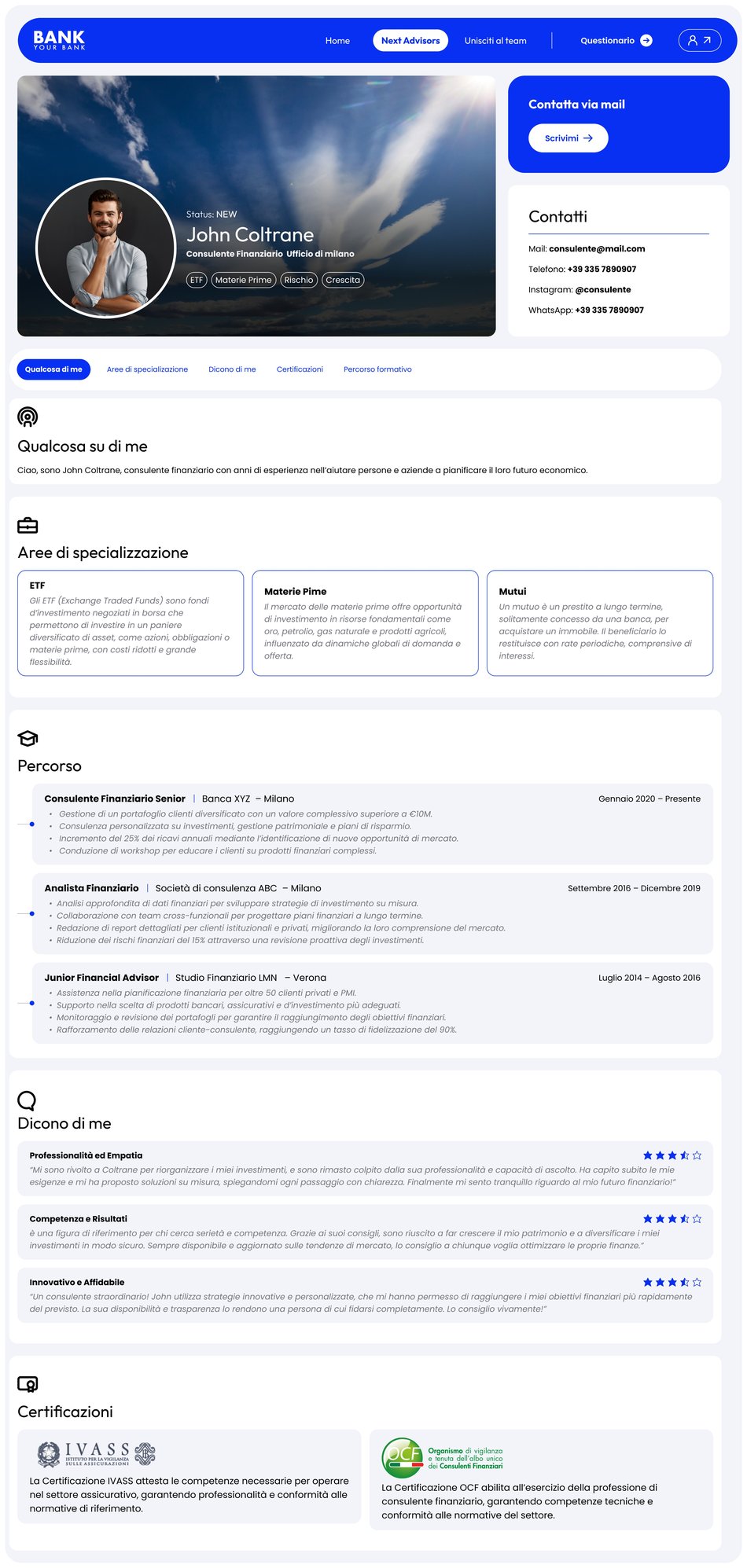 Advisor profile page: header with photo and specialisations, contacts, about, areas of expertise, career, reviews and certifications