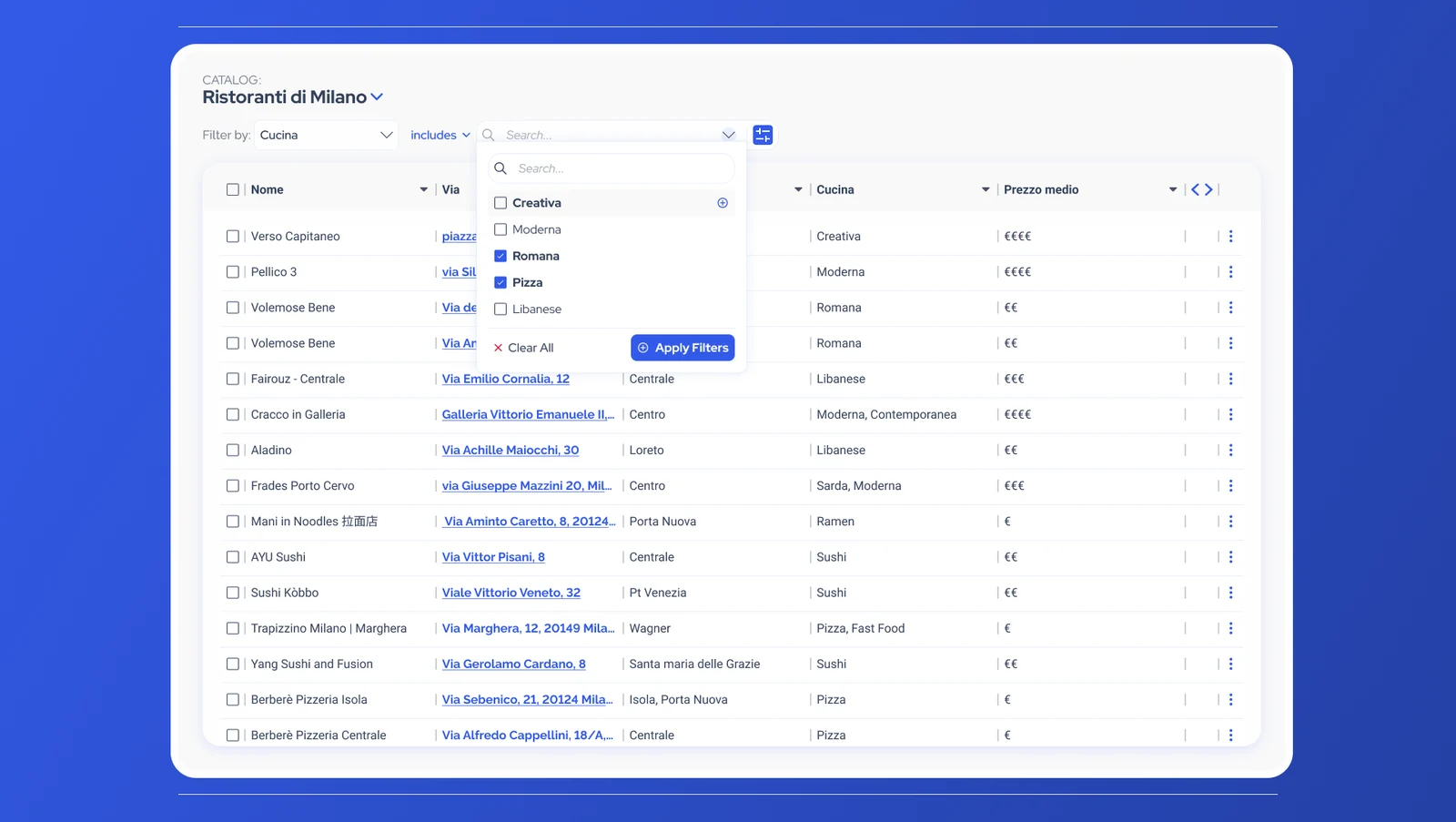 Value picker open on the Cucina field: a searchable list with Romana and Pizza selected, and Clear All and Apply Filters buttons