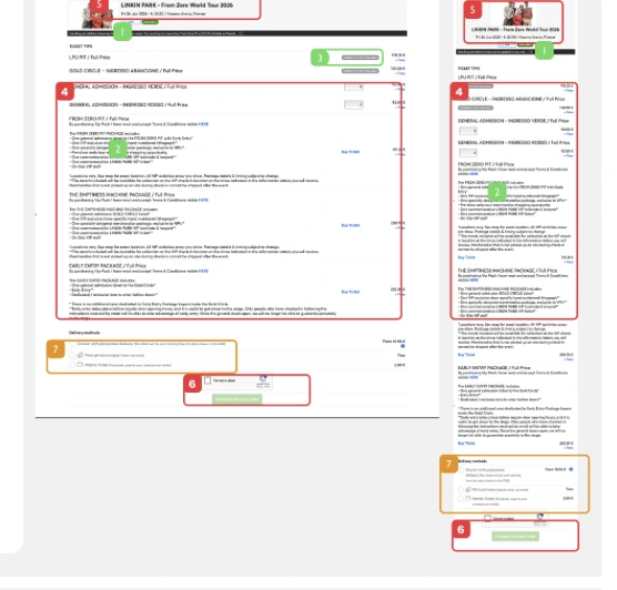 Current Ticketmaster event page with ticket types on desktop and mobile, annotated with numbered findings