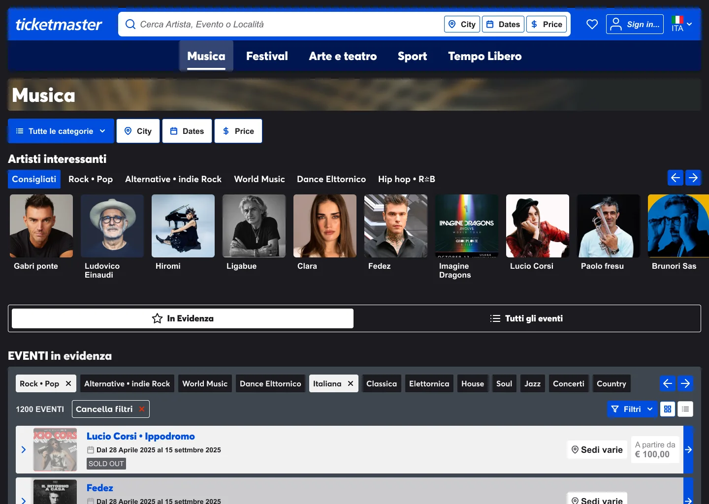Music category page with category, City, Dates and Price filters, artists by genre, Featured and All events switch, genre chips, 1200 events count, clear filters and event rows with venue and starting price