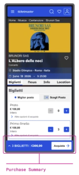 Redesigned event page on mobile: event information block, Best seat and Choose seat options, ticket types with quantity, and the purchase summary bar with 3 tickets for 300 euros
