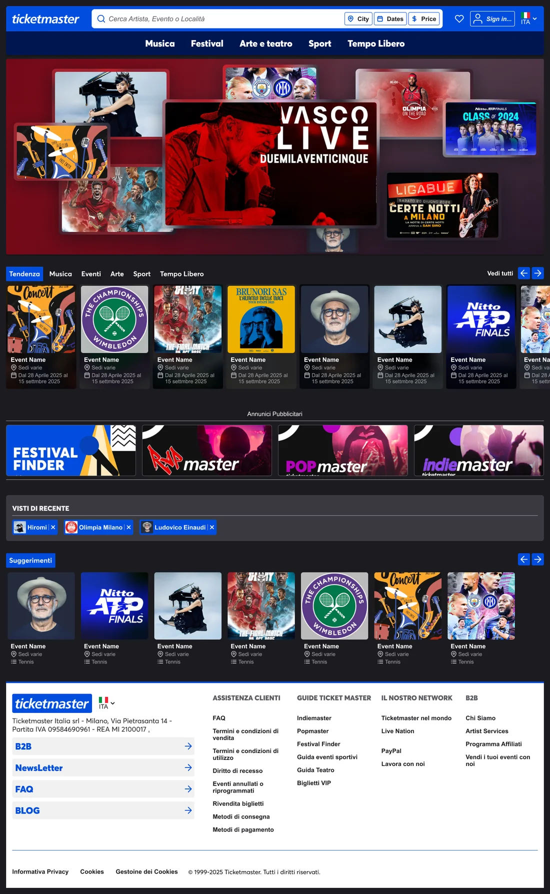 Desktop home: search bar with City, Dates and Price, hero with featured events, trending tabs, recently viewed chips, labelled promotions and suggestions