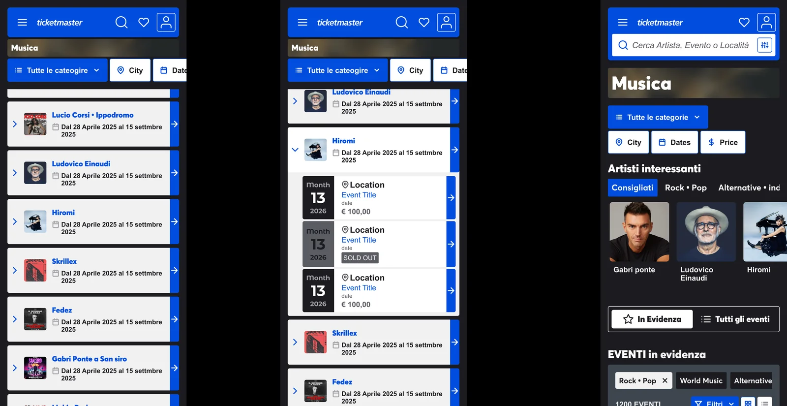 Three mobile screens: the event list, an event expanded in place to show three dates with venue, price and a sold out date, and the top of the music category page