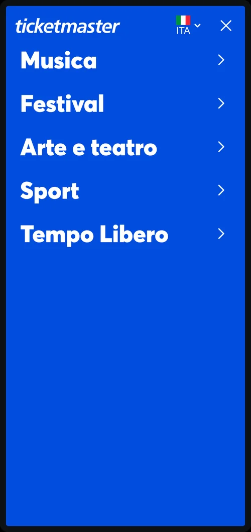 Mobile menu with the five main sections as large tappable rows