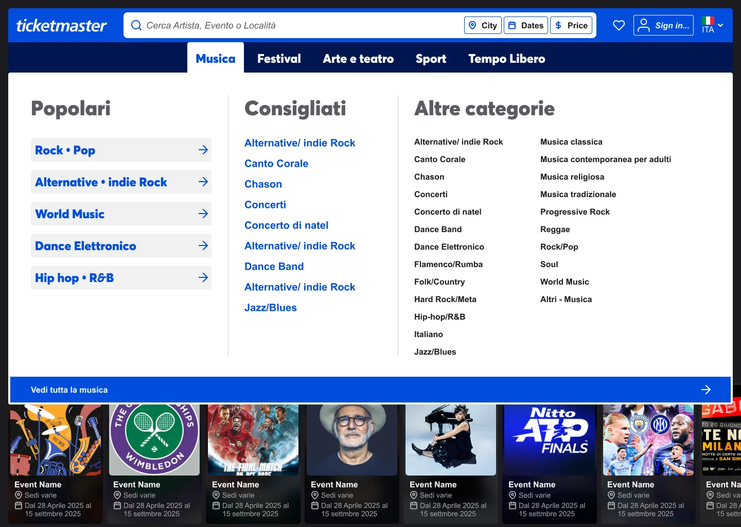 Desktop mega menu for Music with three columns: Popular, Recommended and Other categories, and a See all music bar